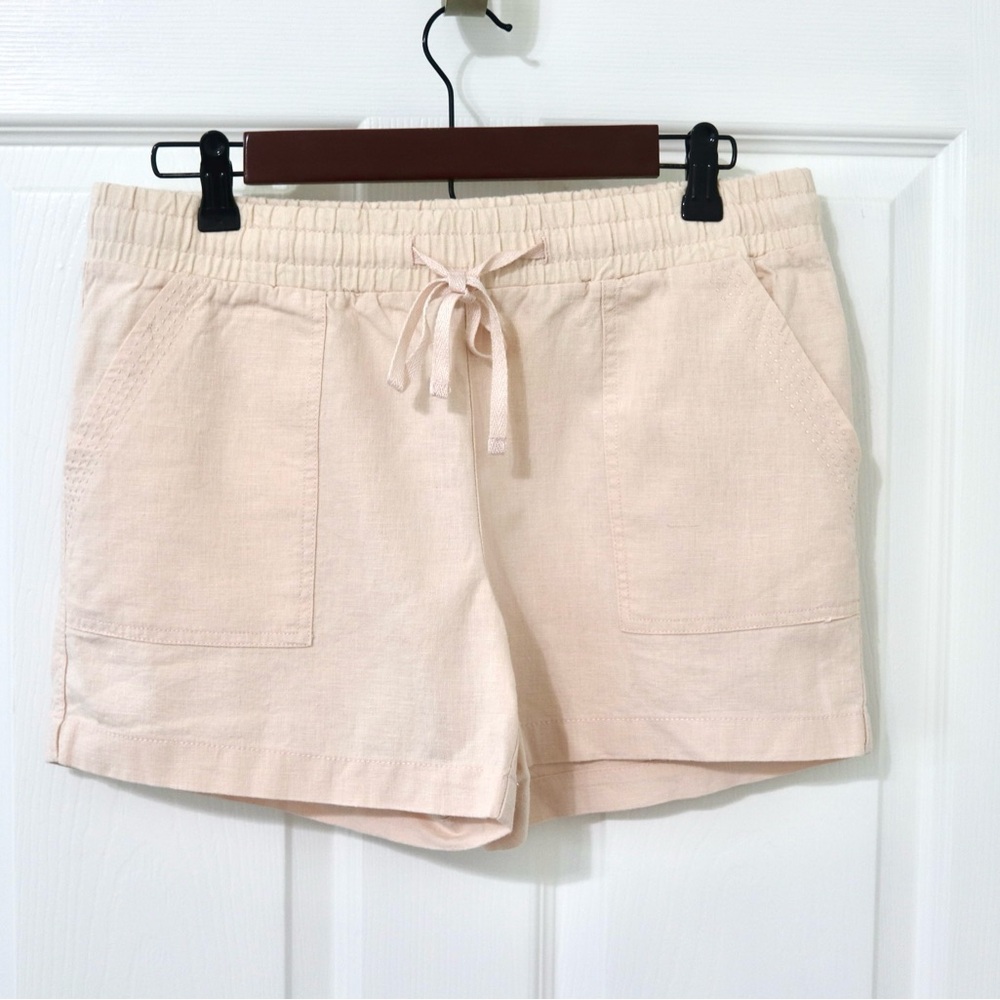 Linen flat front drawstring elastic waist peach shorts, casual, beach, summer